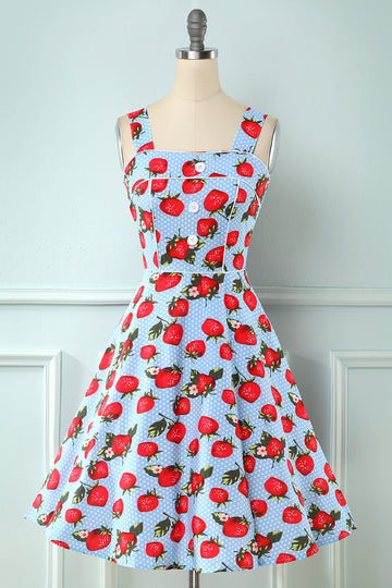 Blue Strawberry Floral Vintage Swing 1950s Dress